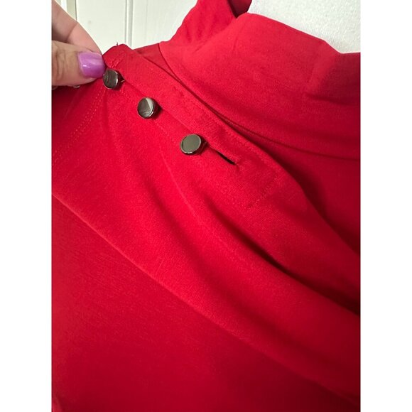 Mock Neck Red Long Sleeve Top With Button Accent On Shoulder Petite Medium Sleek - Picture 6 of 11
